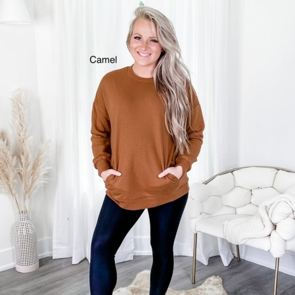 Zenana Brown Camel Crew Neck Sweatshirt 